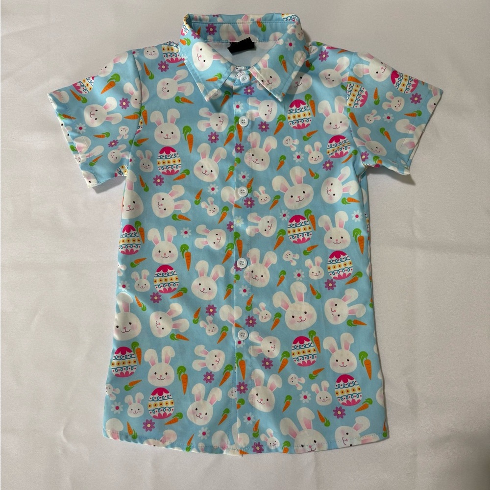 Kids Short-Sleeve Easter Bunny Button-Down Shirt - Light Blue